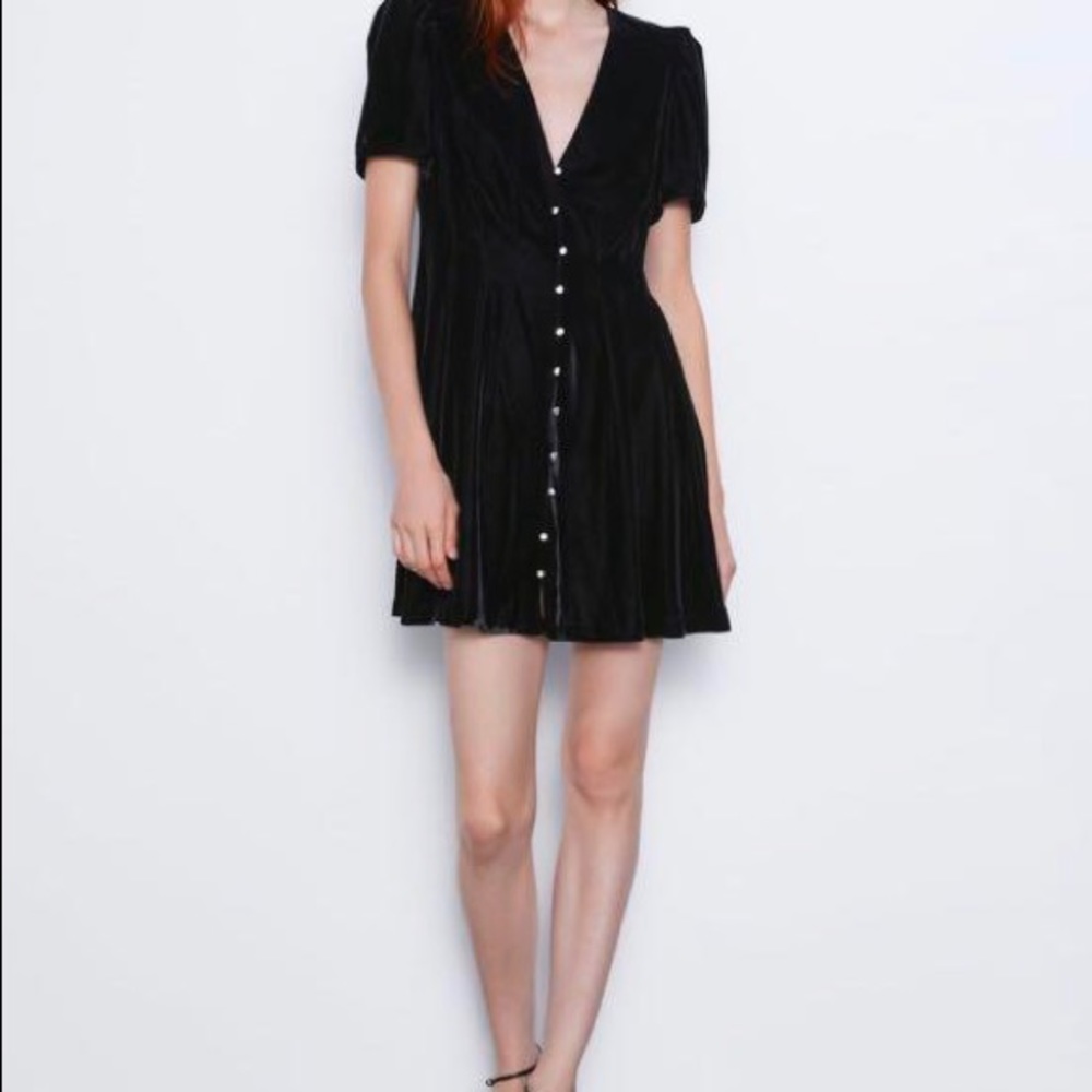 Zara Velvet Black Mini Dress with Jewel Buttons